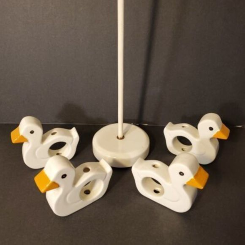 Four Vintage Country Duck Ceramic Stacking Napkin Rings with Stand